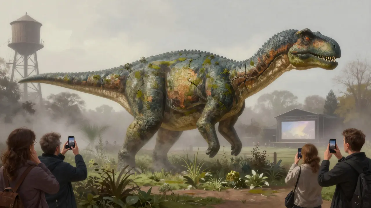 Ancient dinosaur sculptures in Crystal Palace Park surrounded by modern visitors in misty light.