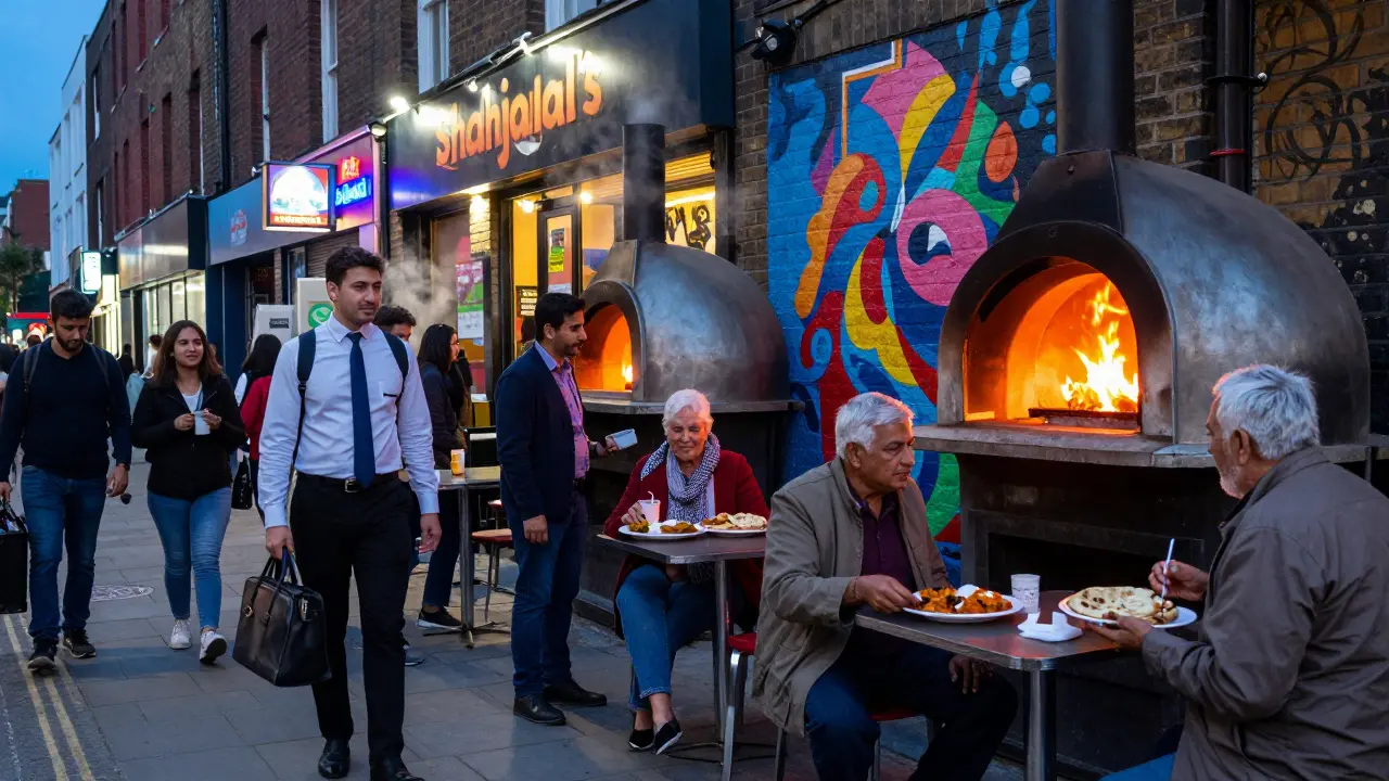 Brick Lane at dusk with glowing tandoor ovens and diverse diners enjoying butter chicken and naan.
