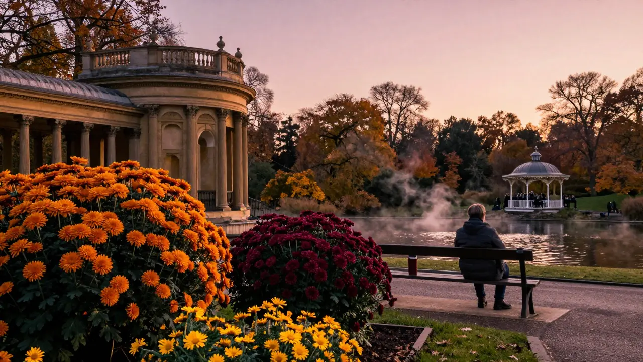 Chrysanthemums and asters glowing in autumn dusk light near Hyde Park's Serpentine.