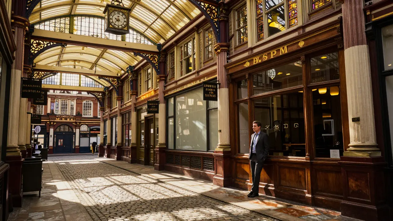 Golden noon light streams through Leadenhall Market's stained-glass windows, highlighting ornate ironwork and a lone shopper on the marble floor.