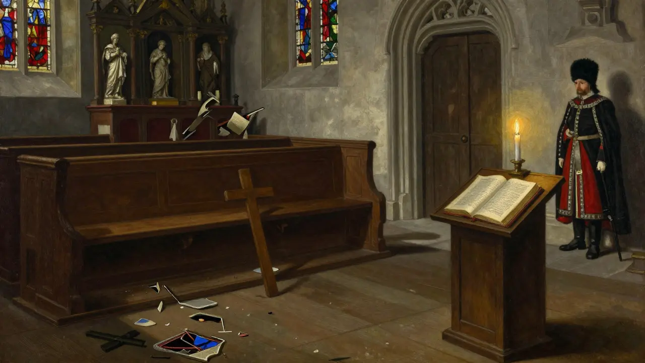 Inside the Tower’s chapel during the Reformation, with broken stained glass, a plain cross, and an open English prayer book.