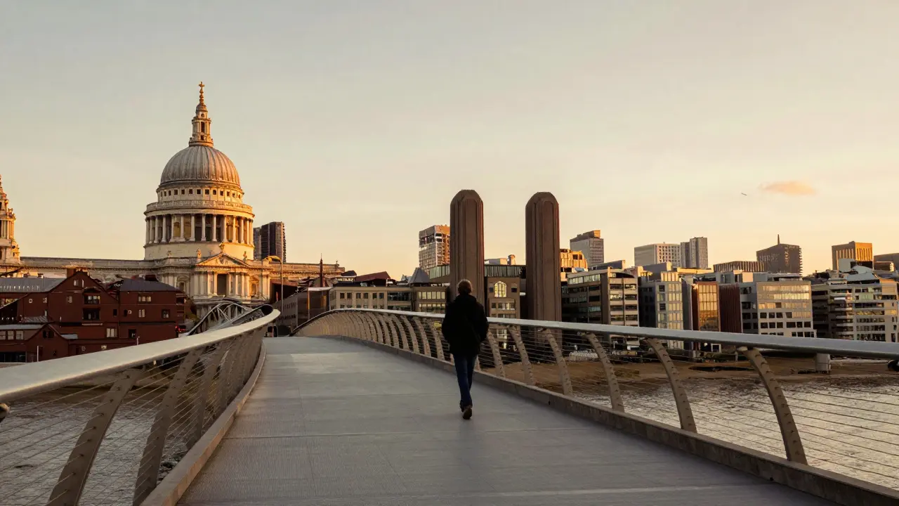 Millennium Bridge view of St Paul's with Tate Modern across Thames.