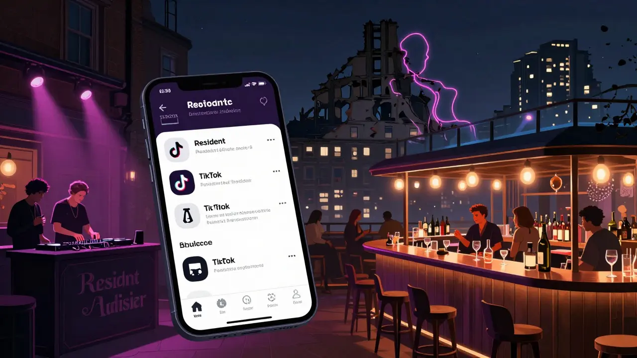 Modern London bar scene with smartphone app overlay and ghost outline of demolished venue.