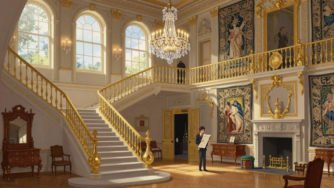 Opulent State Rooms of Buckingham Palace featuring gilded staircases, tapestries, and antique furniture under soft daylight.