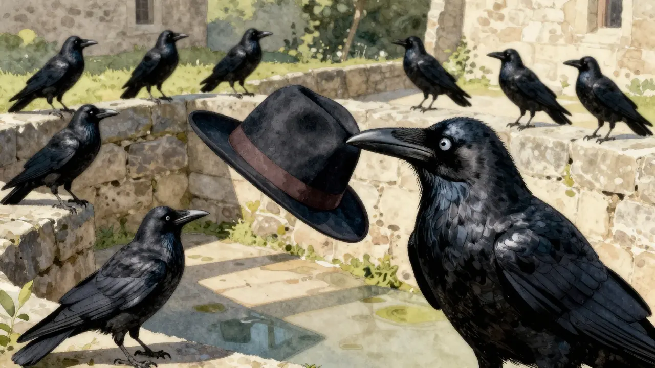 Ravenmaster and ravens at Tower of London, one stealing a tourist's hat.