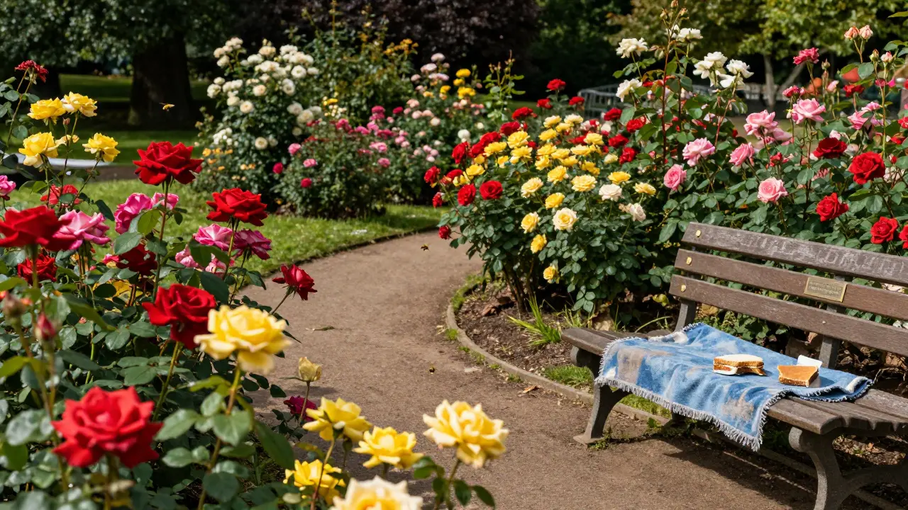 Roses in full bloom along pathways in Hyde Park's Rose Garden during summer.