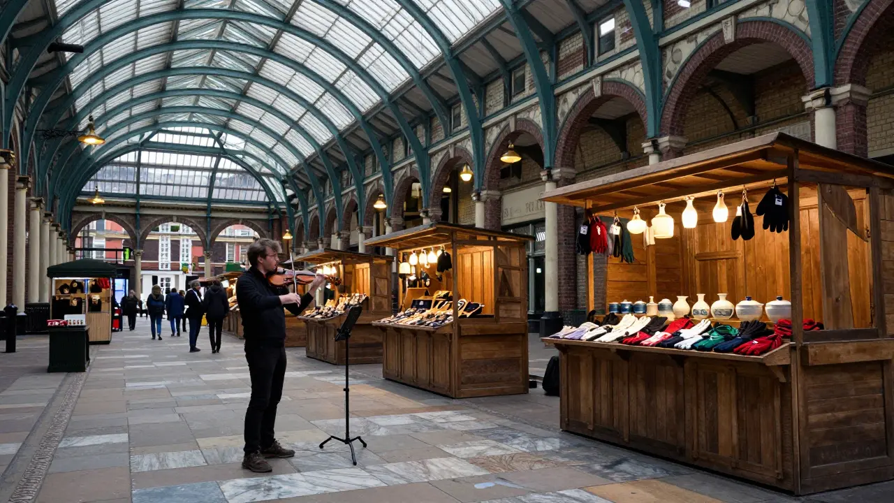 Soft morning light in Covent Garden illuminates a street musician and empty artisan stalls under the glass-roofed piazza.