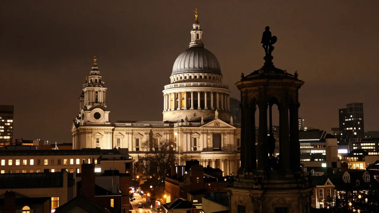 St. Paul's Cathedral glowing at night, viewed from the Monument to the Great Fire, its dome lit against the dark city.