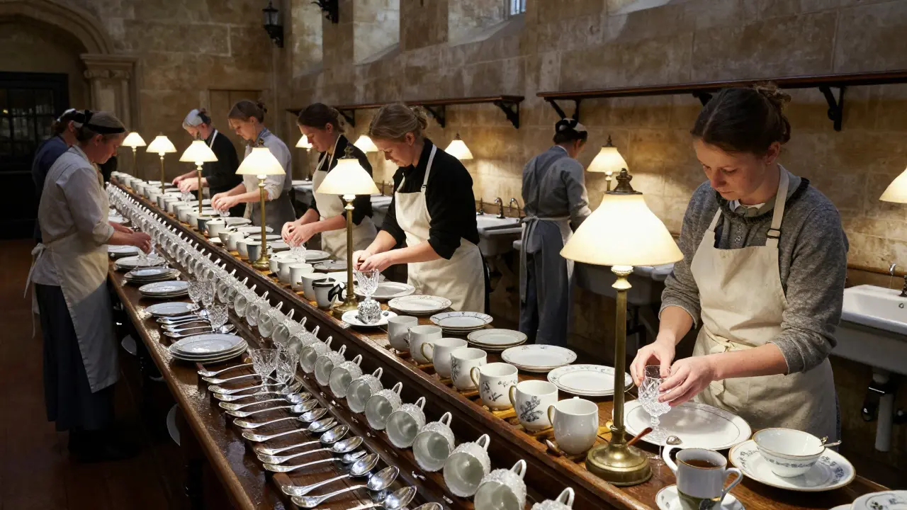 Staff hand-washing crystal and porcelain dishes in the royal scullery, silverware drying on wooden racks under soft lamplight.