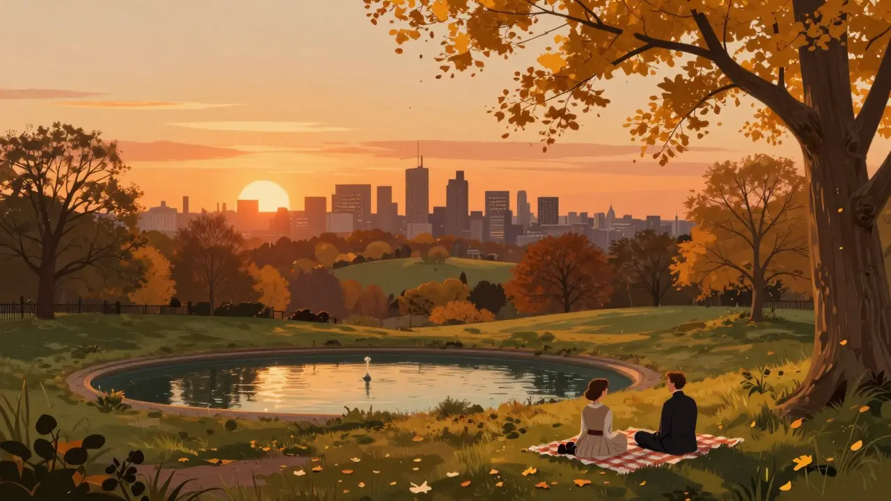 Sunset over Hampstead Heath with swimming ponds and golden autumn trees in the foreground.