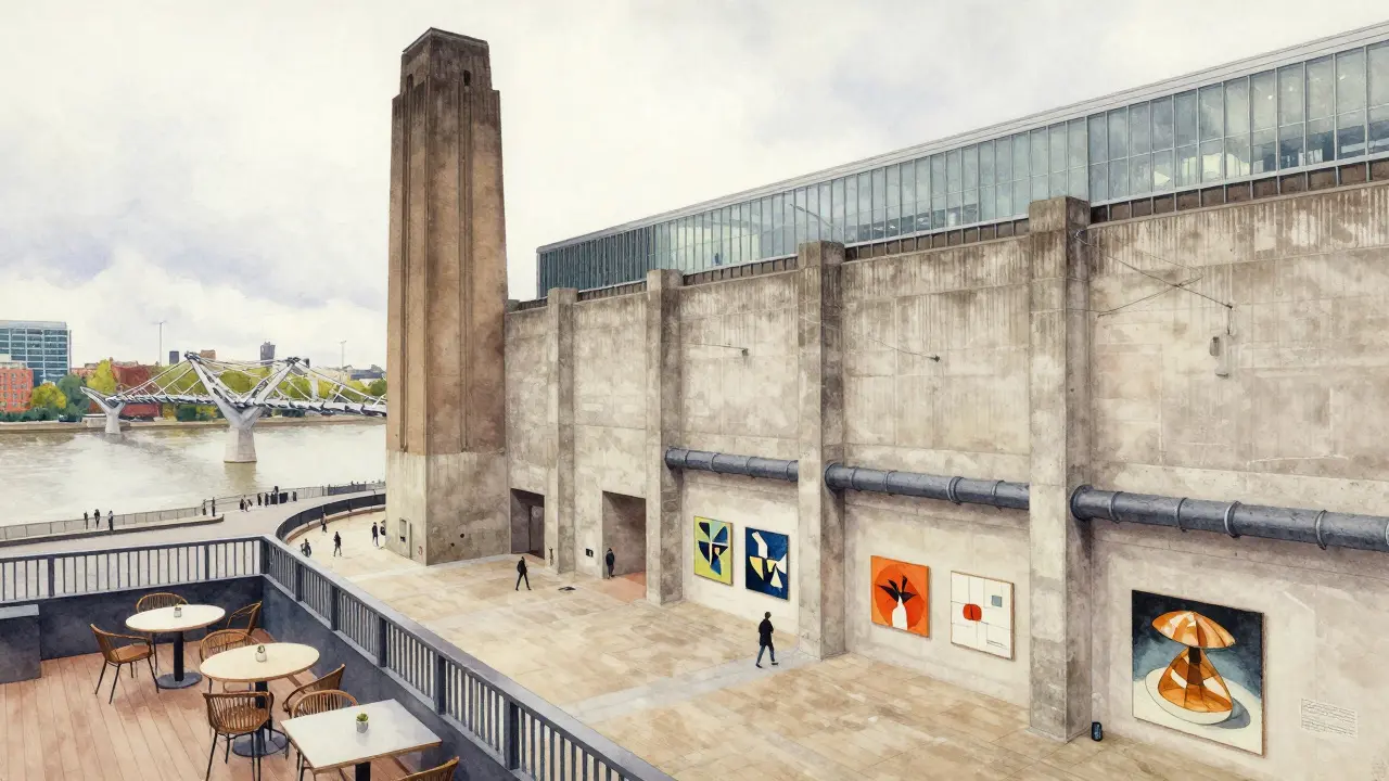 Tate Modern Turbine Hall with art installation and river view.