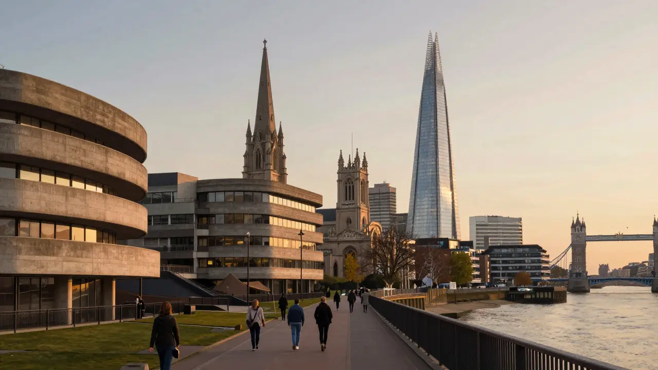 The South Bank skyline at golden hour, showing Brutalist, Victorian, and modern architecture along the Thames Path.