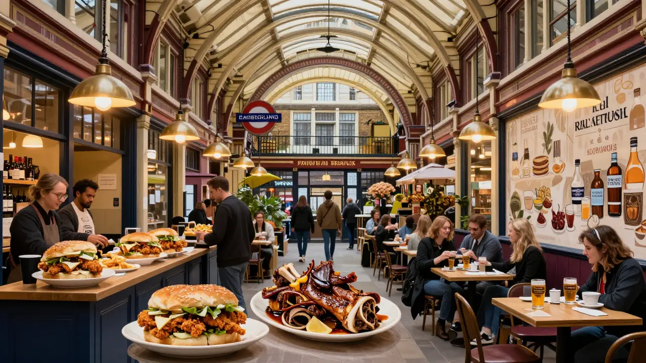 Underground food hall blending Roman architecture with modern global street food stalls in London.