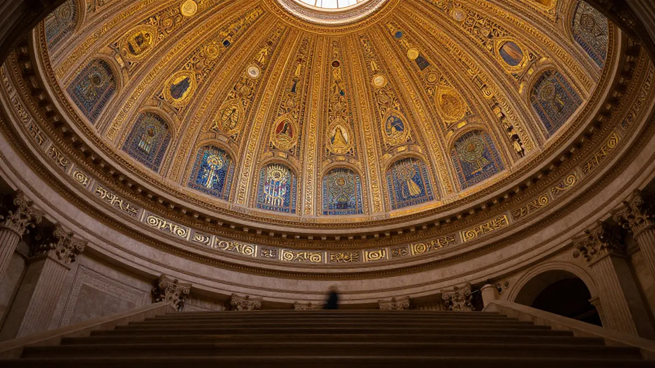 Whispering Gallery interior showing dome mosaics and gold leaf details.