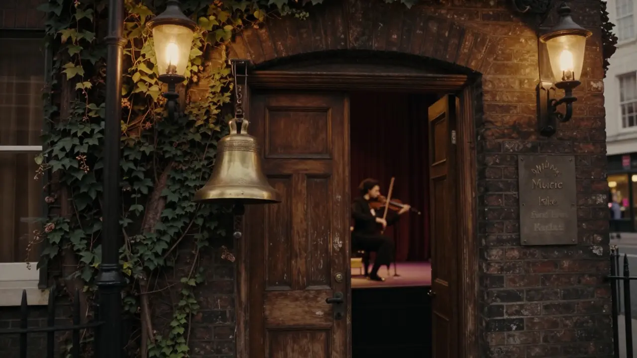 Wilton’s Music Hall at dusk, with a brass bell and glowing gas lamps, hinting at a hidden performance inside.