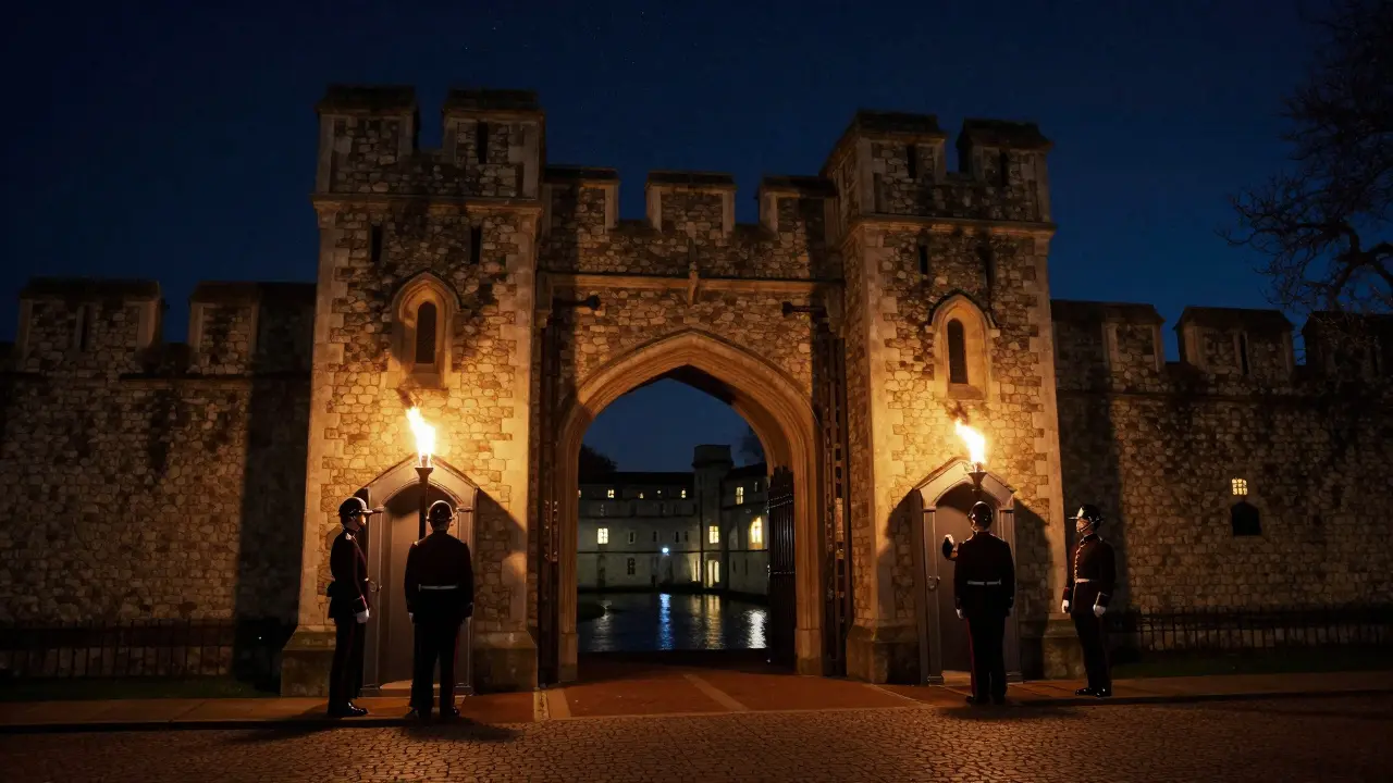 Yeoman Warders conducting the Ceremony of the Keys at night with torches.