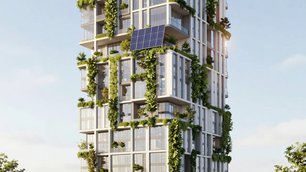 A green skyscraper with vertical gardens and sustainable design features.