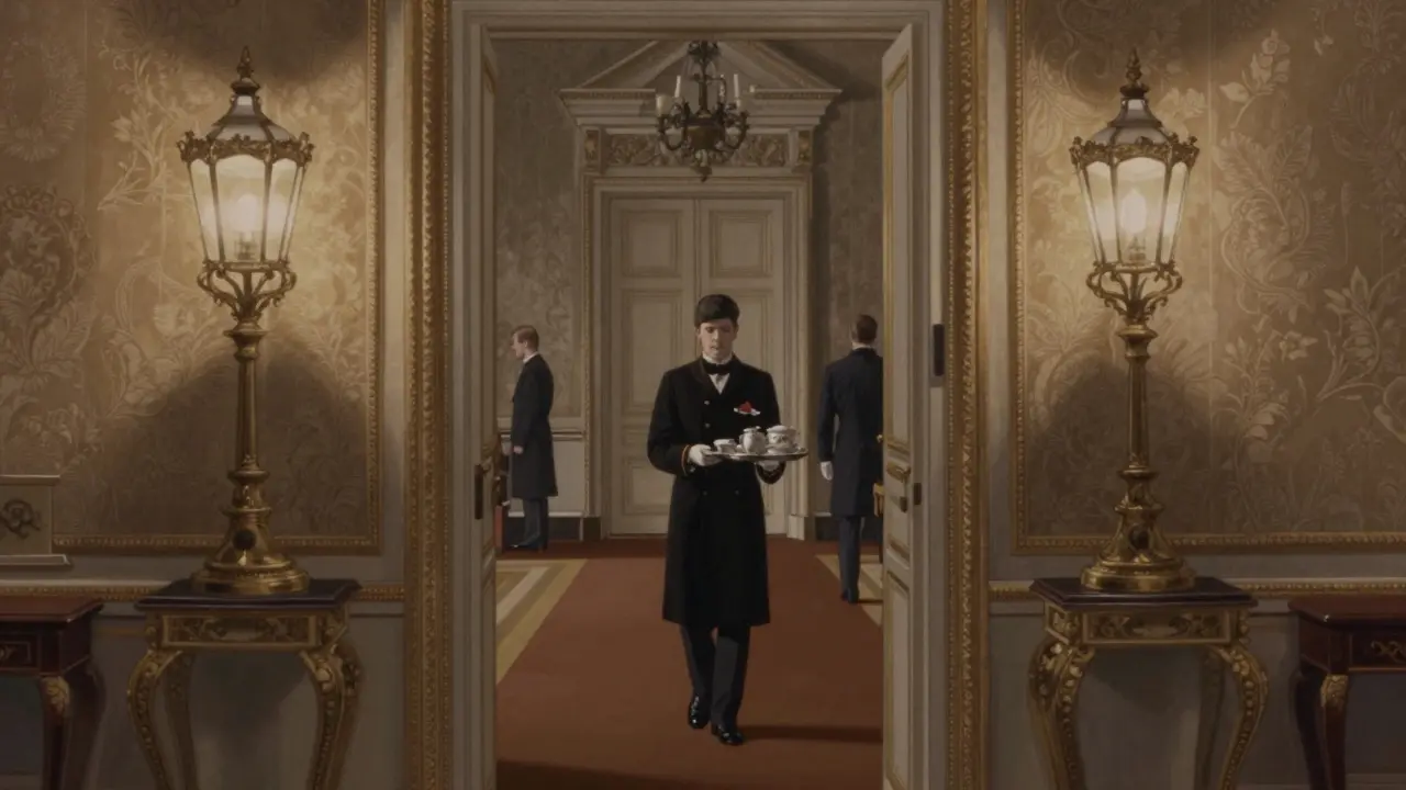A palace staff member carries tea on a silver tray through hidden corridors behind the State Rooms.