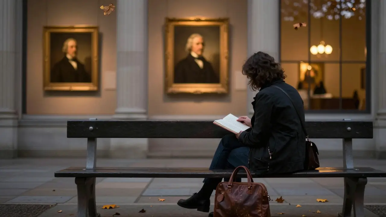 A person sitting alone in the National Portrait Gallery at golden hour, quietly reflecting before a portrait as dusk approaches.
