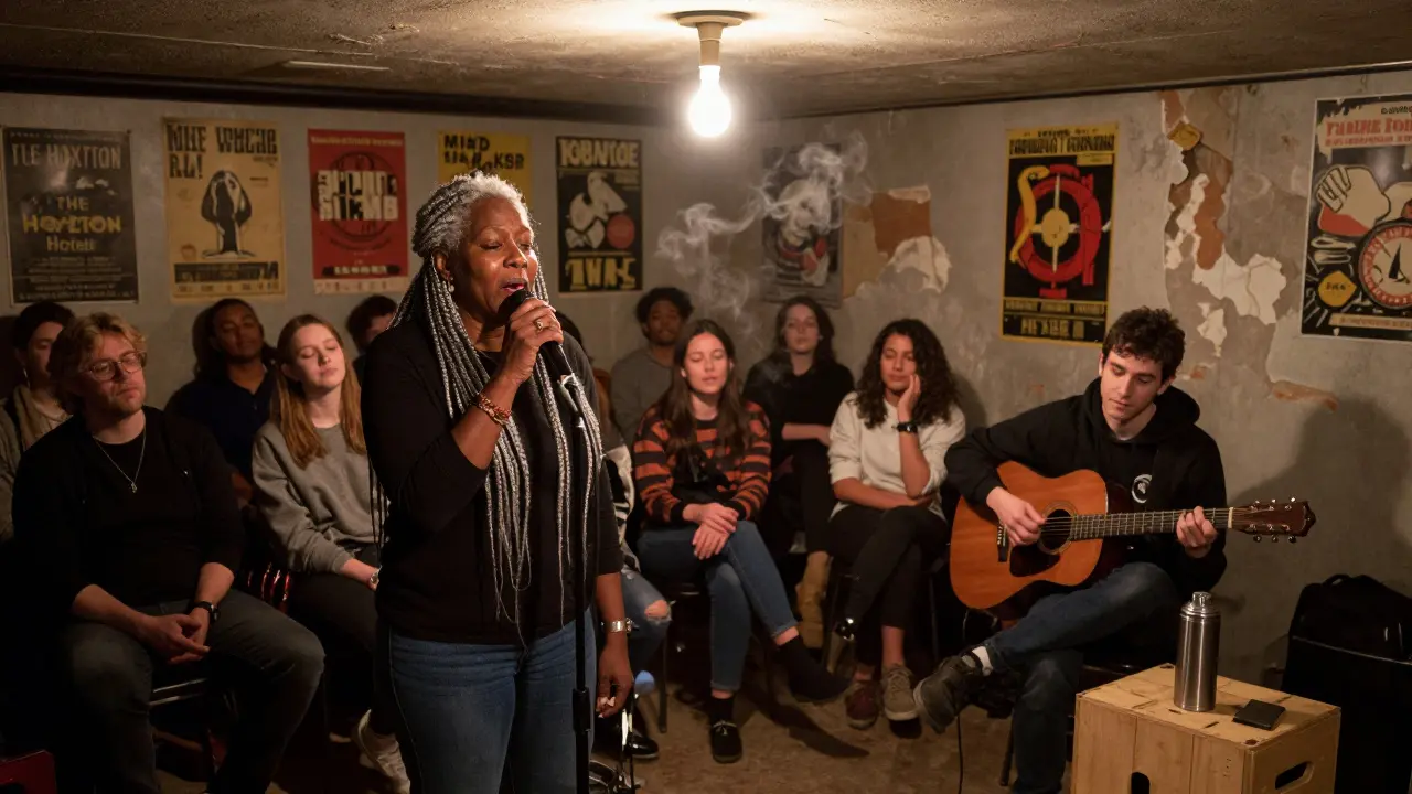 A poet recites in two languages in a basement open mic, audience humming softly under a single hanging bulb.