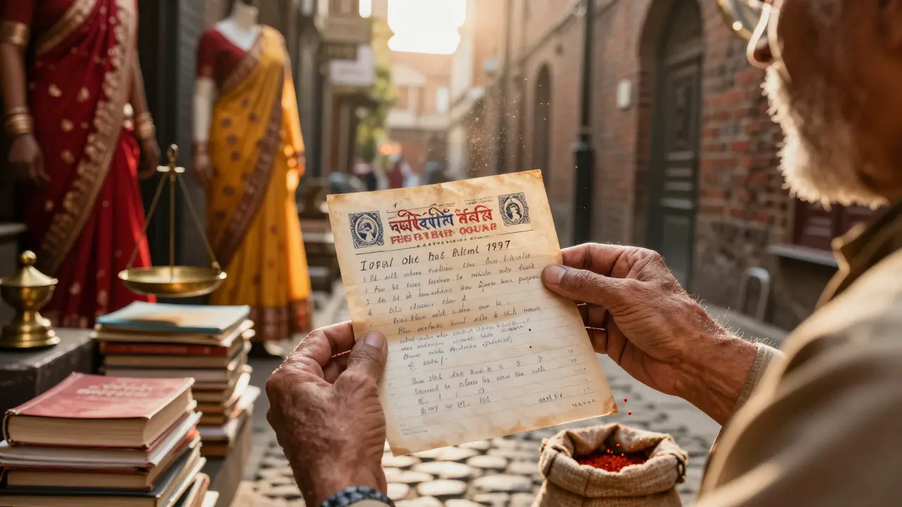 A retired teacher holds a vintage postal order in Brick Lane, surrounded by saris and recipe books in golden morning light.