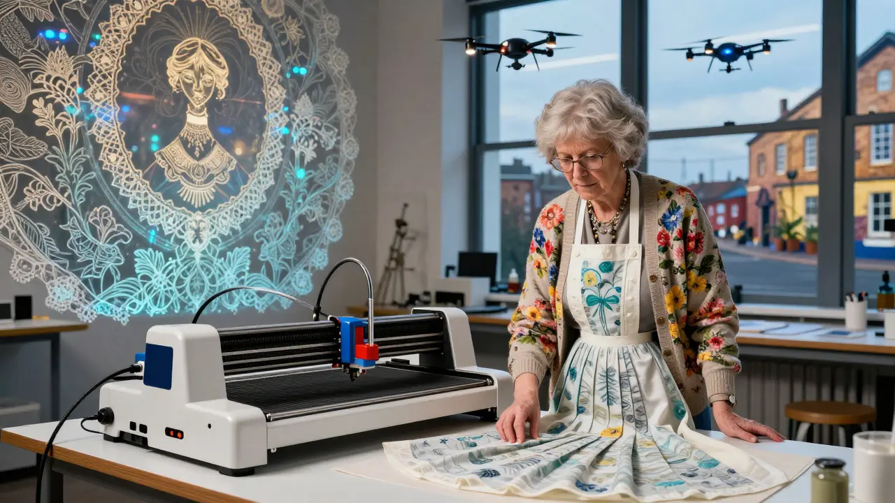 A senior woman standing beside a 3D-printed dress in the V&amp;A's Design Lab, surrounded by digital lace patterns.
