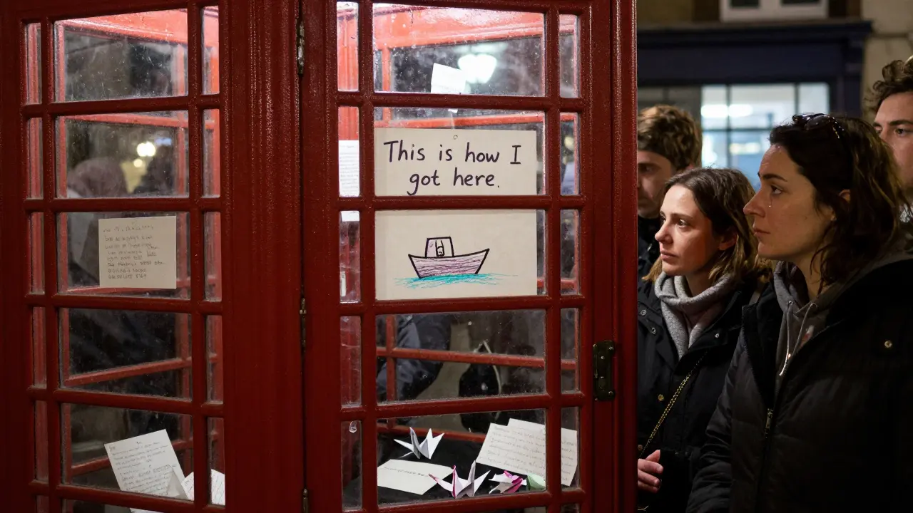 A silent crowd gathered before a child's drawing of a boat in a converted phone booth gallery.