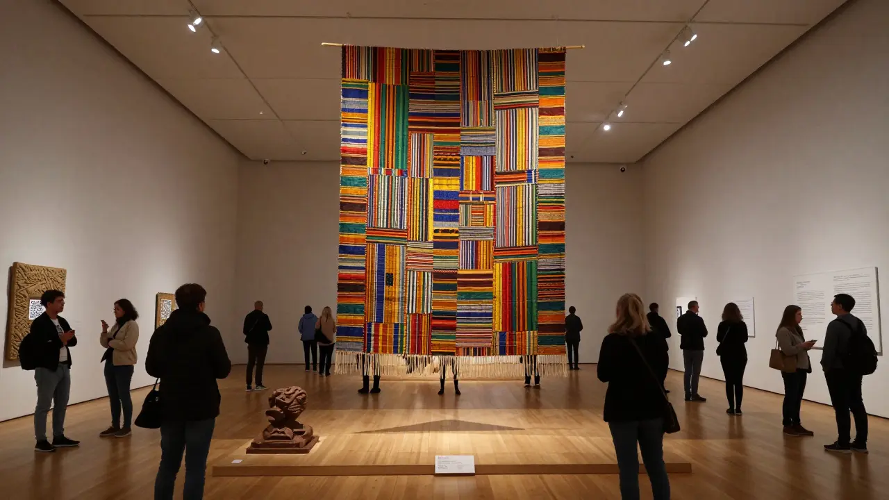 A vibrant textile tapestry in a large gallery hall with visitors using phones to access audio descriptions of tactile art.
