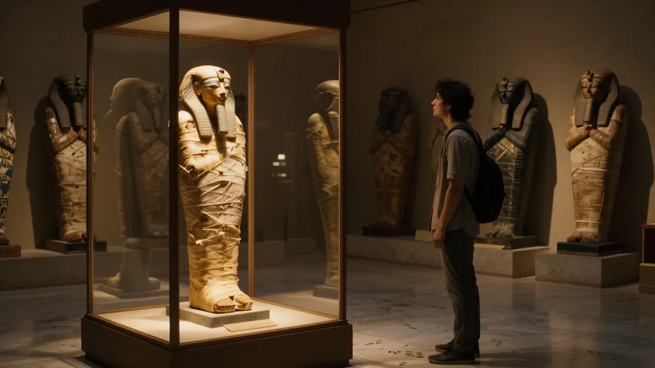 A visitor stands alone before the mummy of Nesyamun, bathed in warm light, surrounded by shadowed Egyptian artifacts.