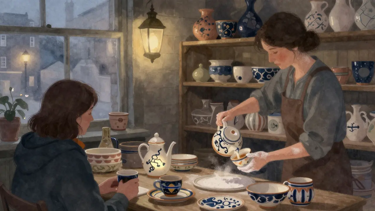 A woman pours tea at Camden Stables Market, her hand-painted ceramic piece glowing with a tiny London Underground map.