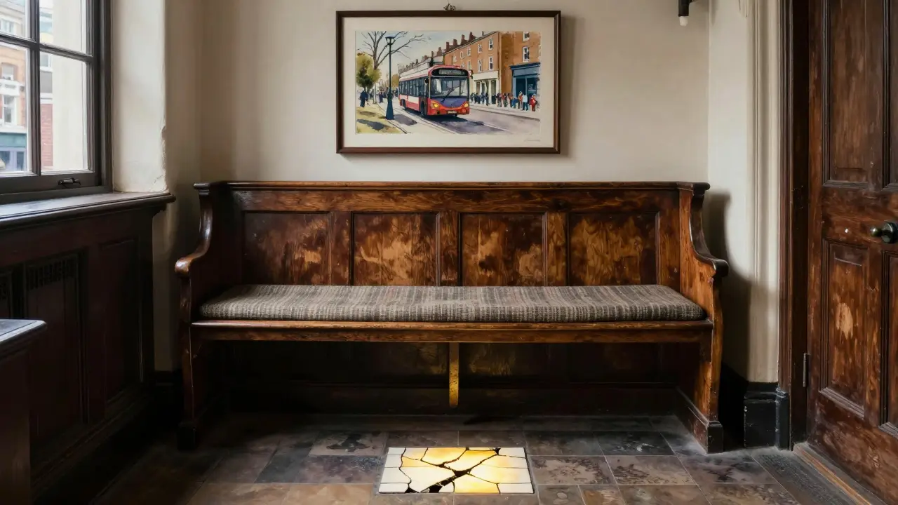 Aged church pew bench with Harris Tweed cushion, framed London street painting on wall, Victorian tile on floor.