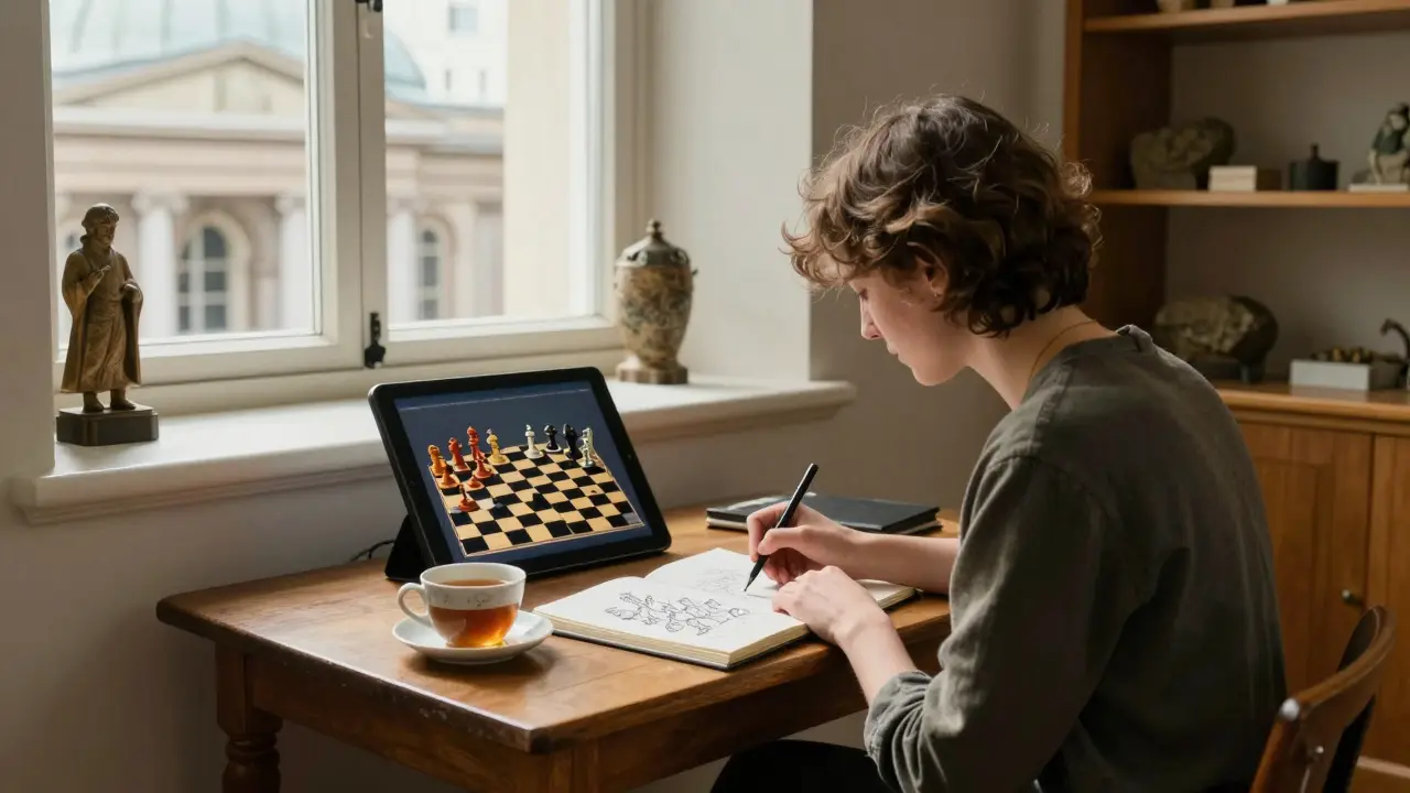 An artist sketches the Lewis Chessmen at a quiet table in the museum, with tea and an open notebook nearby.