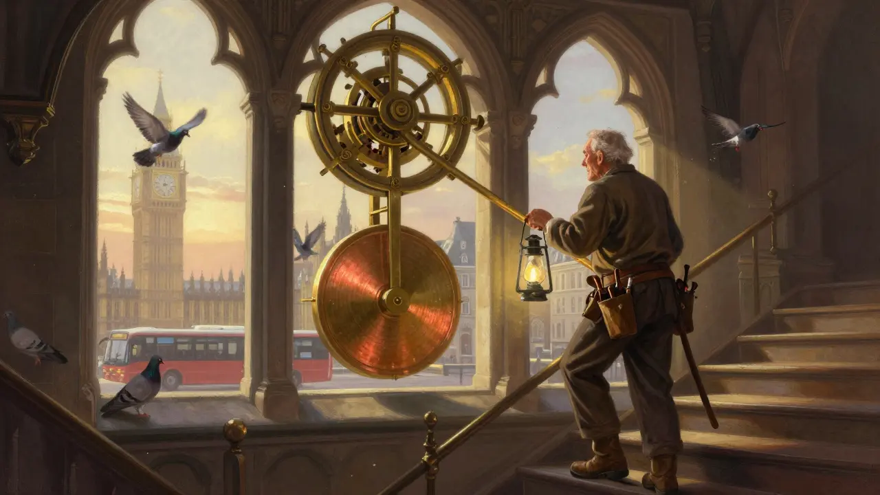 An elderly clockmaker climbs the tower steps at dawn, holding tools, as the pendulum swings inside.