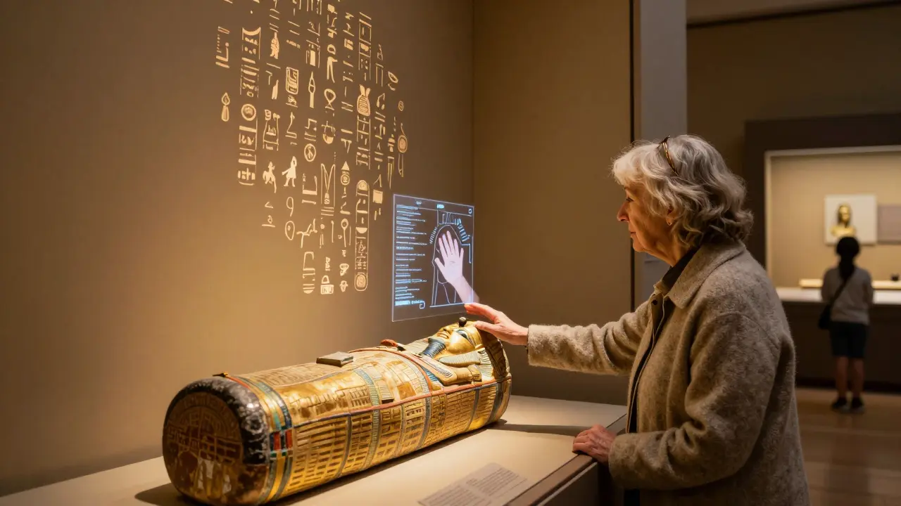 An elderly woman touching a motion-sensing display near Ramesses II's mummy with floating hieroglyphs.