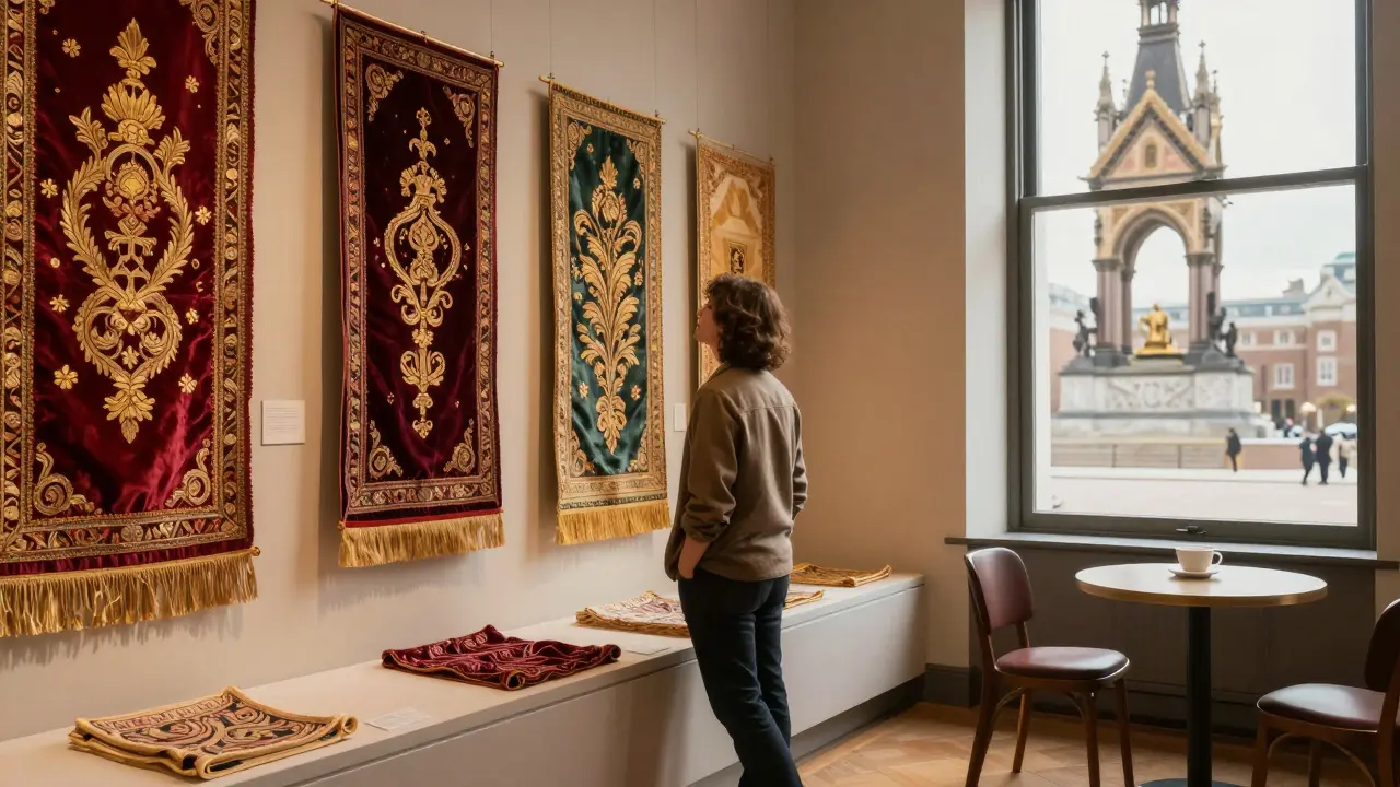 An intricate textile exhibition at the Victoria and Albert Museum with a visitor admiring the details under warm gallery lighting.