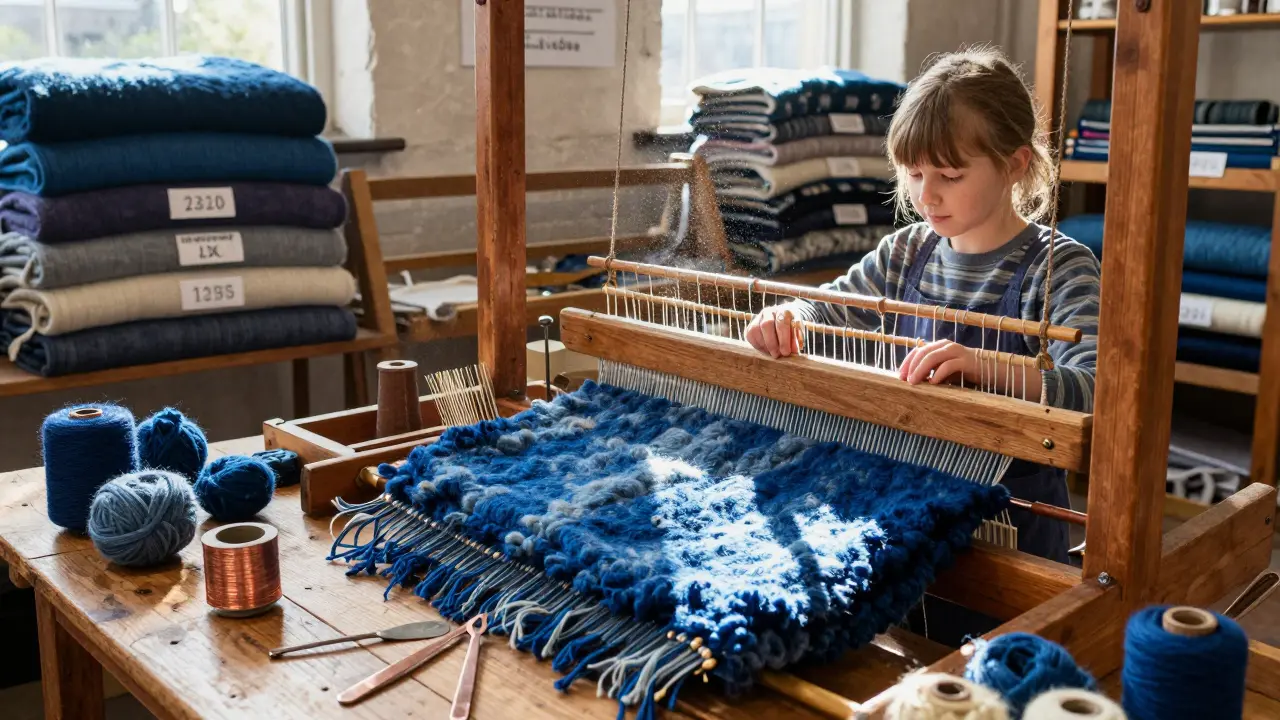 Artisans weaving a deep indigo wool blanket on a vintage loom at Spitalfields Market.