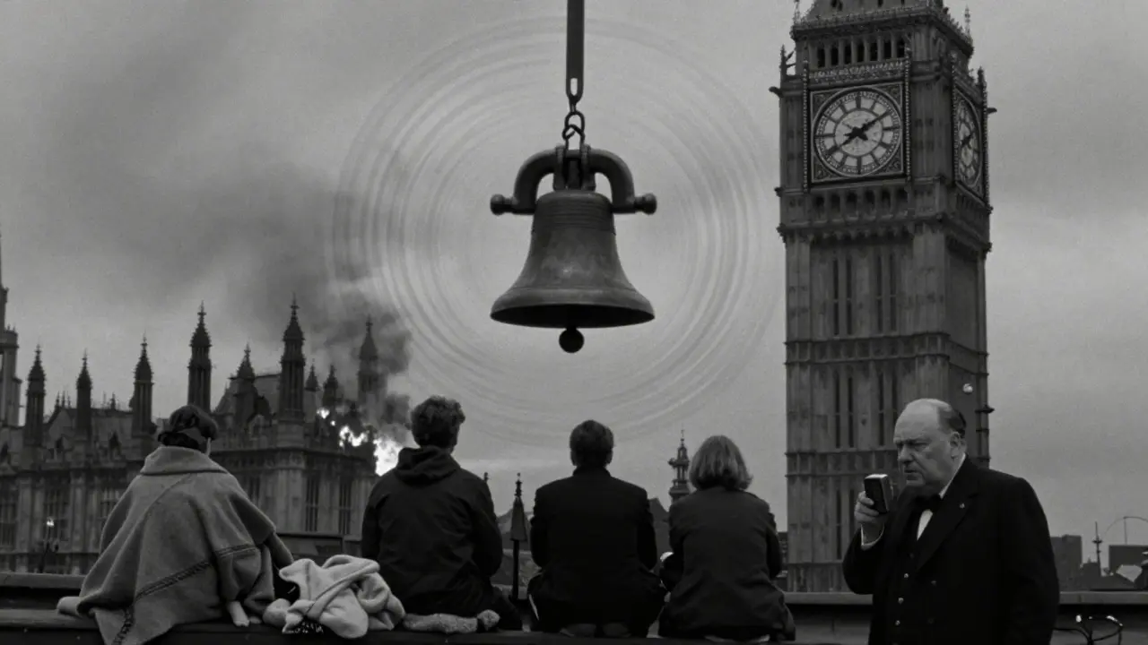 Big Ben during the Blitz, its darkened clock face visible amid smoke-filled skies as civilians listen.