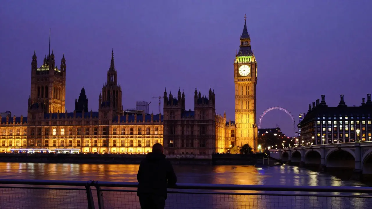 Big Ben illuminated at dusk with lights glowing in the parliamentary windows and reflections on the river.