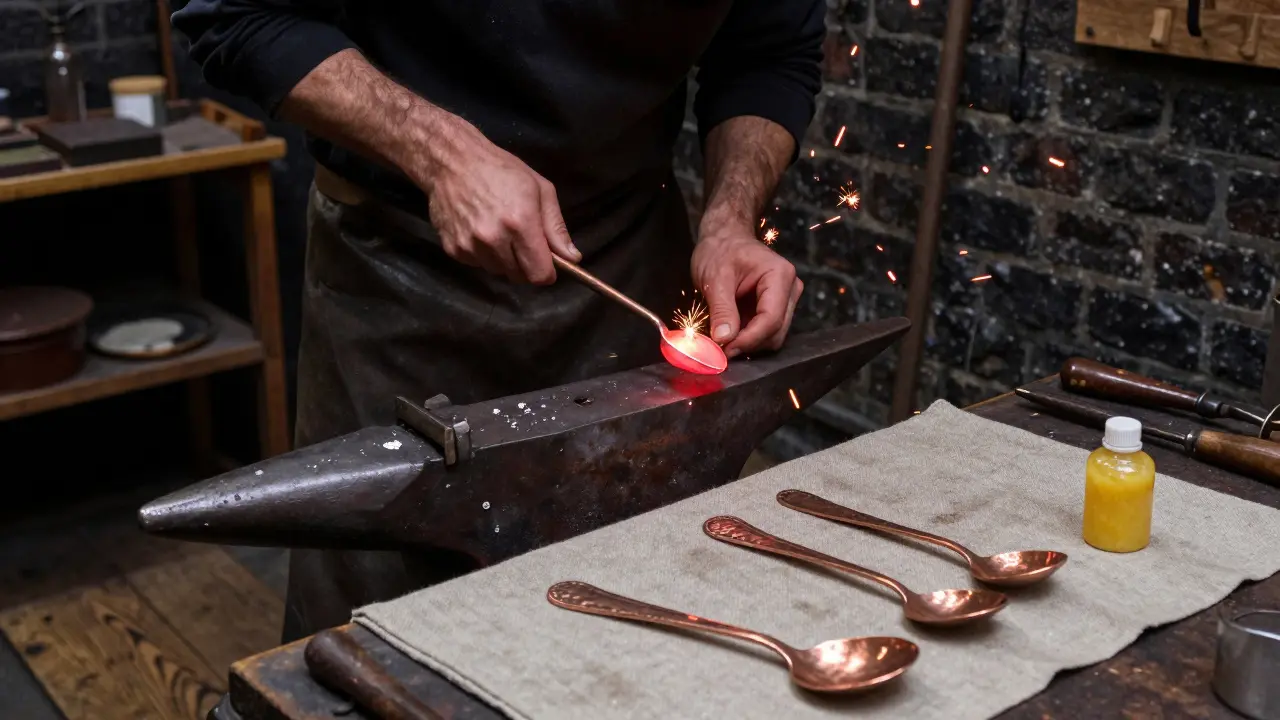 Blacksmith hammering copper into a spoon, sparks flying, with polished cutlery and beeswax nearby.