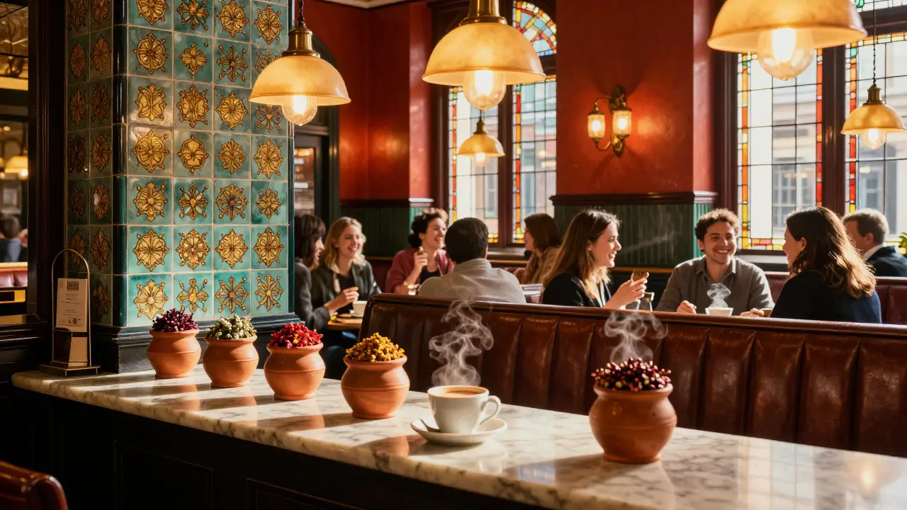 Bustling colonial-style cafe interior with brass lamps and spice jars.