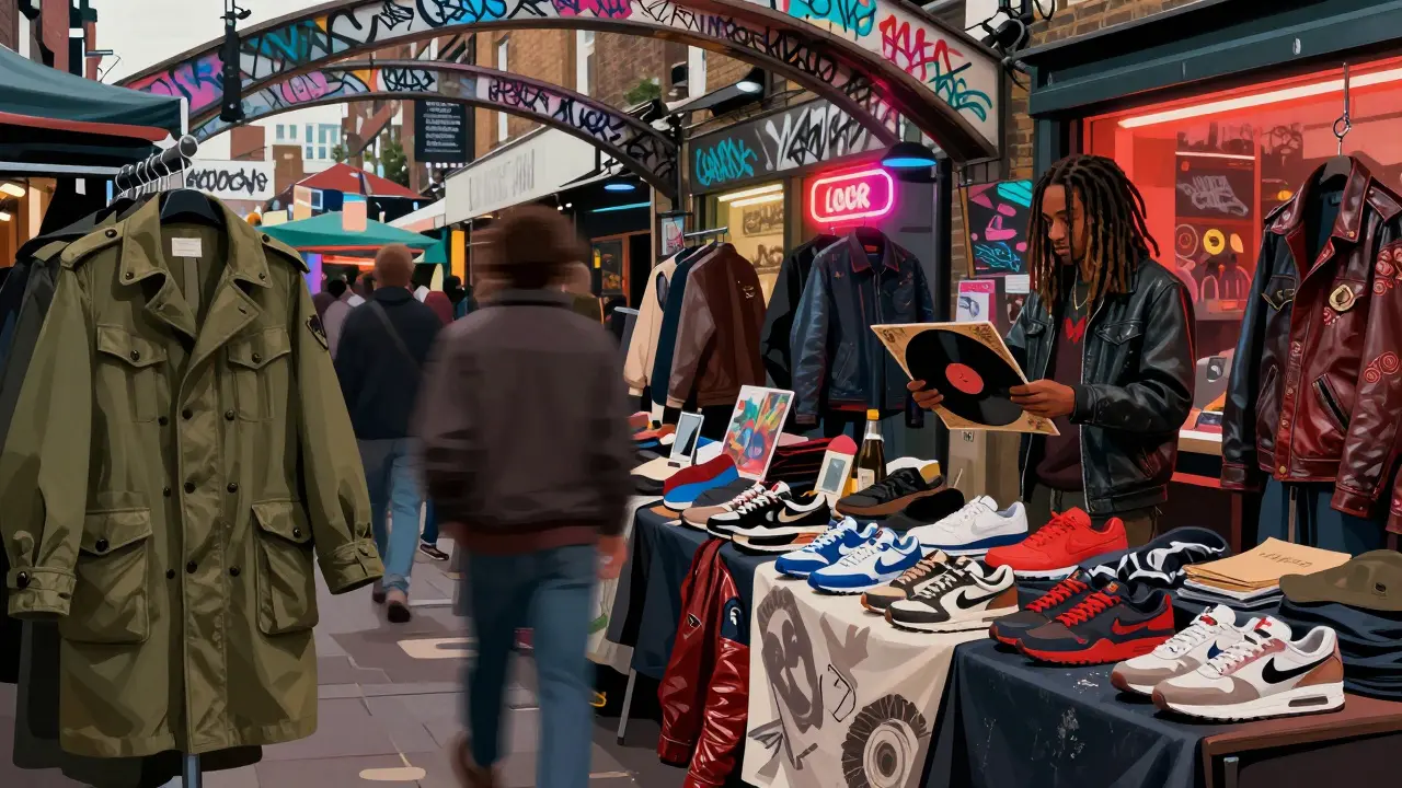 Camden Market’s chaotic stalls filled with vintage coats, sneakers, and vinyl records.