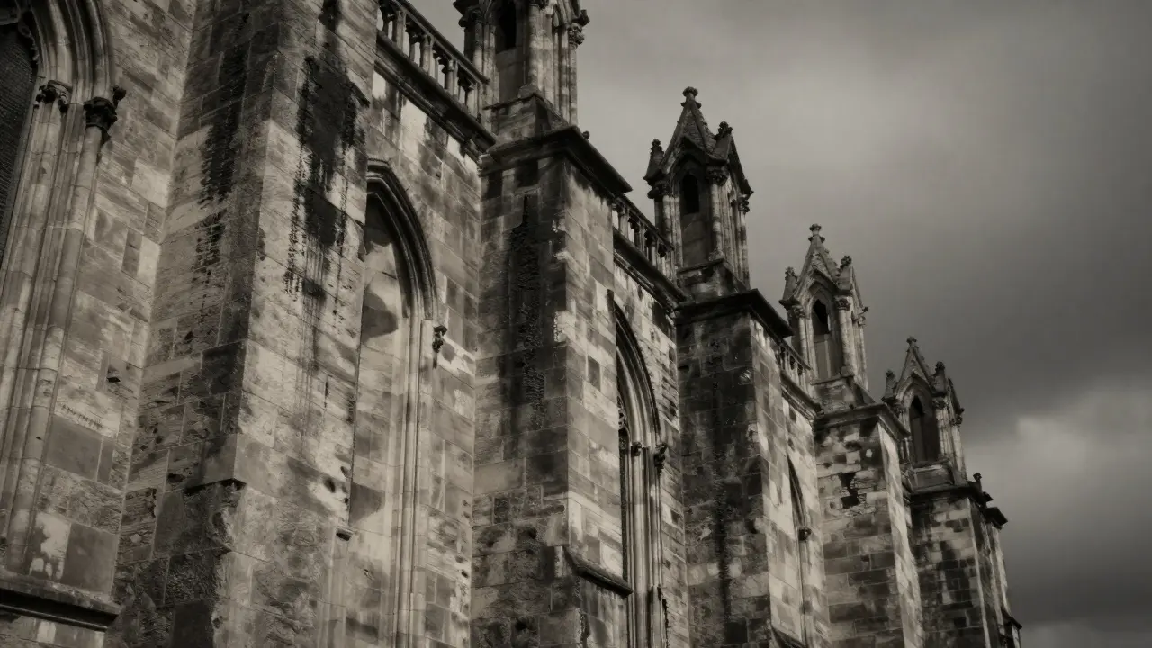 Close-up of blackened stone scars on the cathedral exterior wall from war.