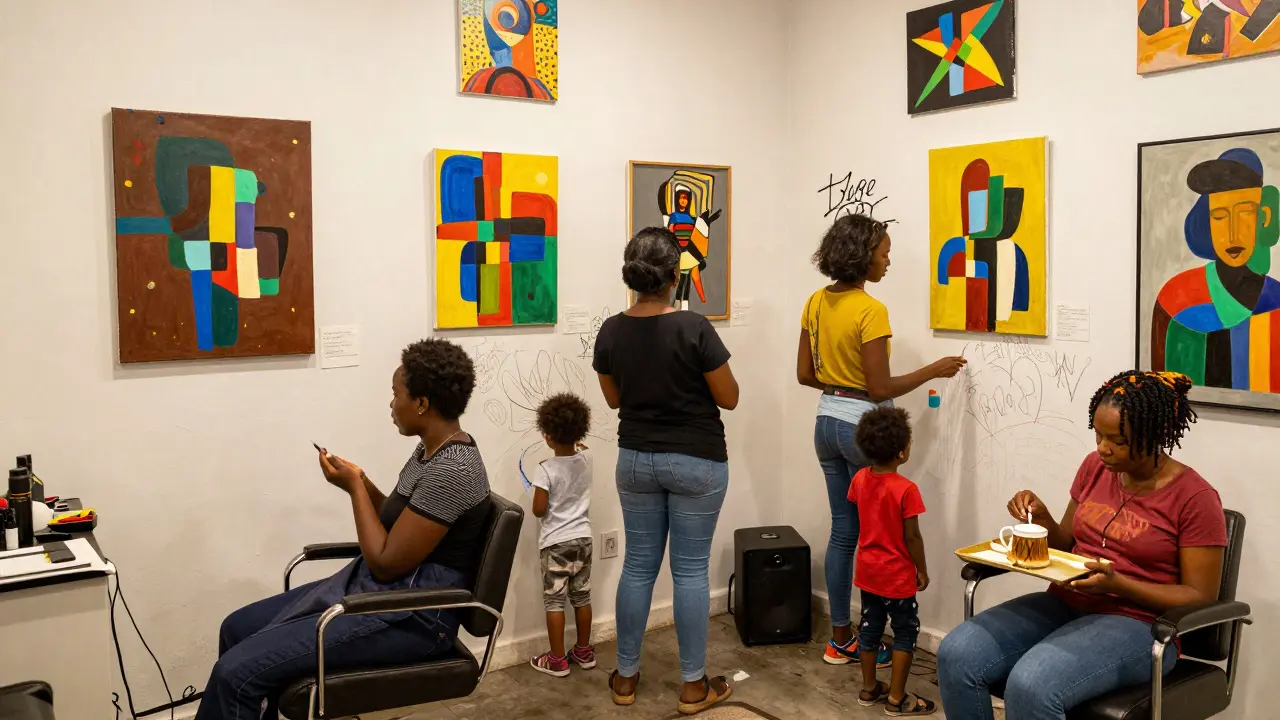 Colorful community gallery above a hair salon in Peckham, filled with locals enjoying art and tea.