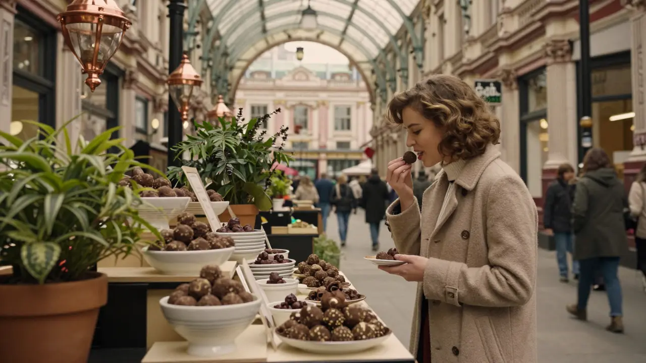 Covent Garden’s artisan stall with hand-poured truffles and ceramic goods in soft light.
