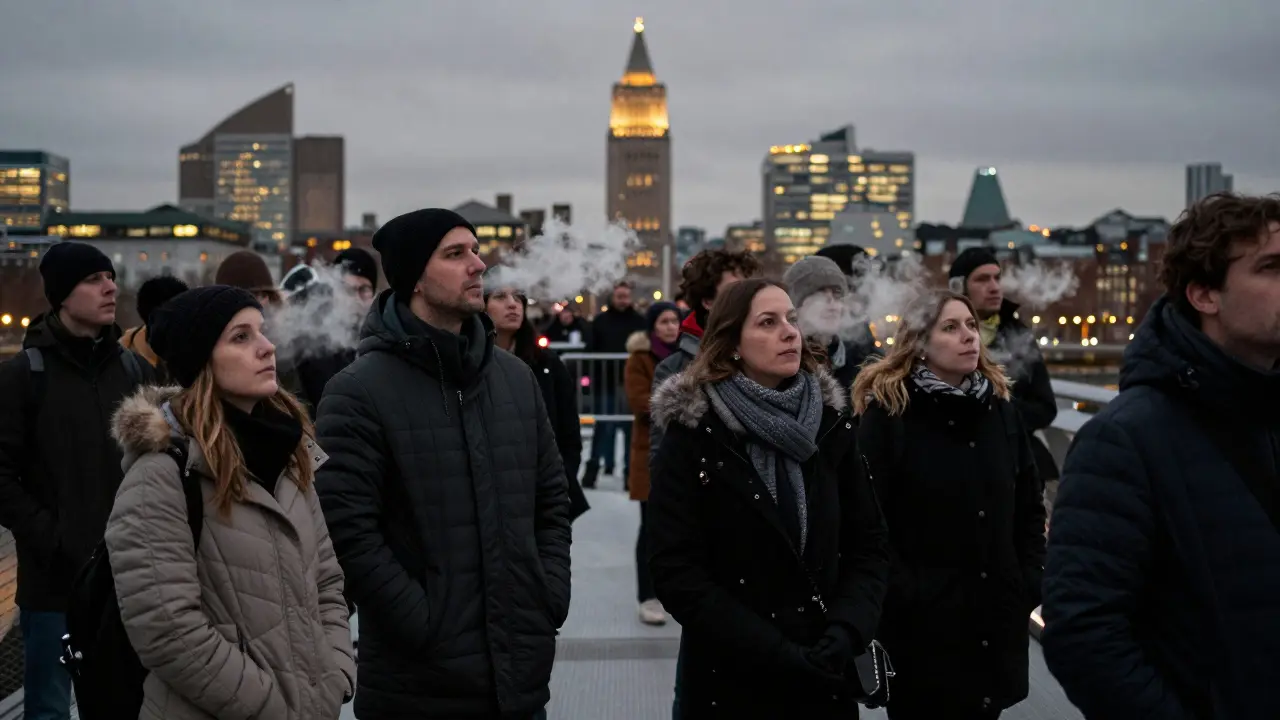 Crowd bundled in winter clothes waiting on a bridge near Westminster.