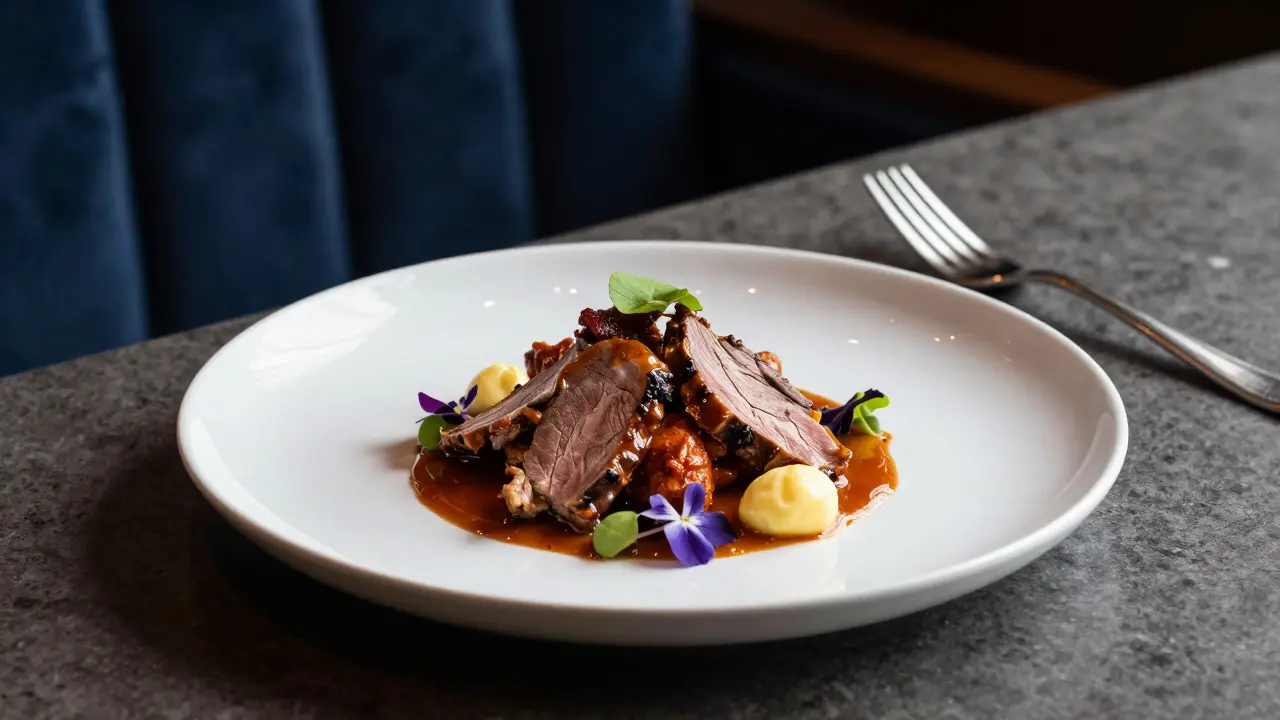 Elegant fine dining plate with deconstructed curry in an upscale restaurant.
