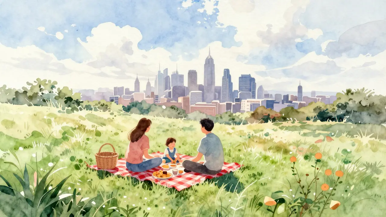 Family picnic on hill overlooking city skyline with clouds.