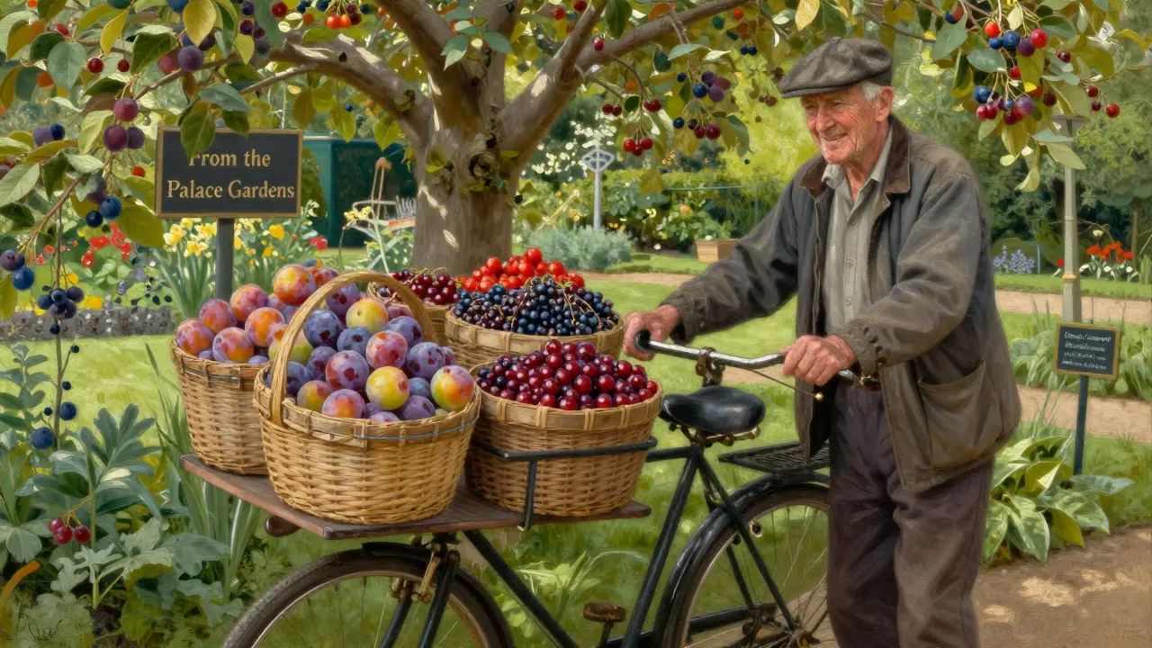 Fresh fruit from Buckingham Palace’s gardens is loaded onto a bicycle for donation to a London food bank.