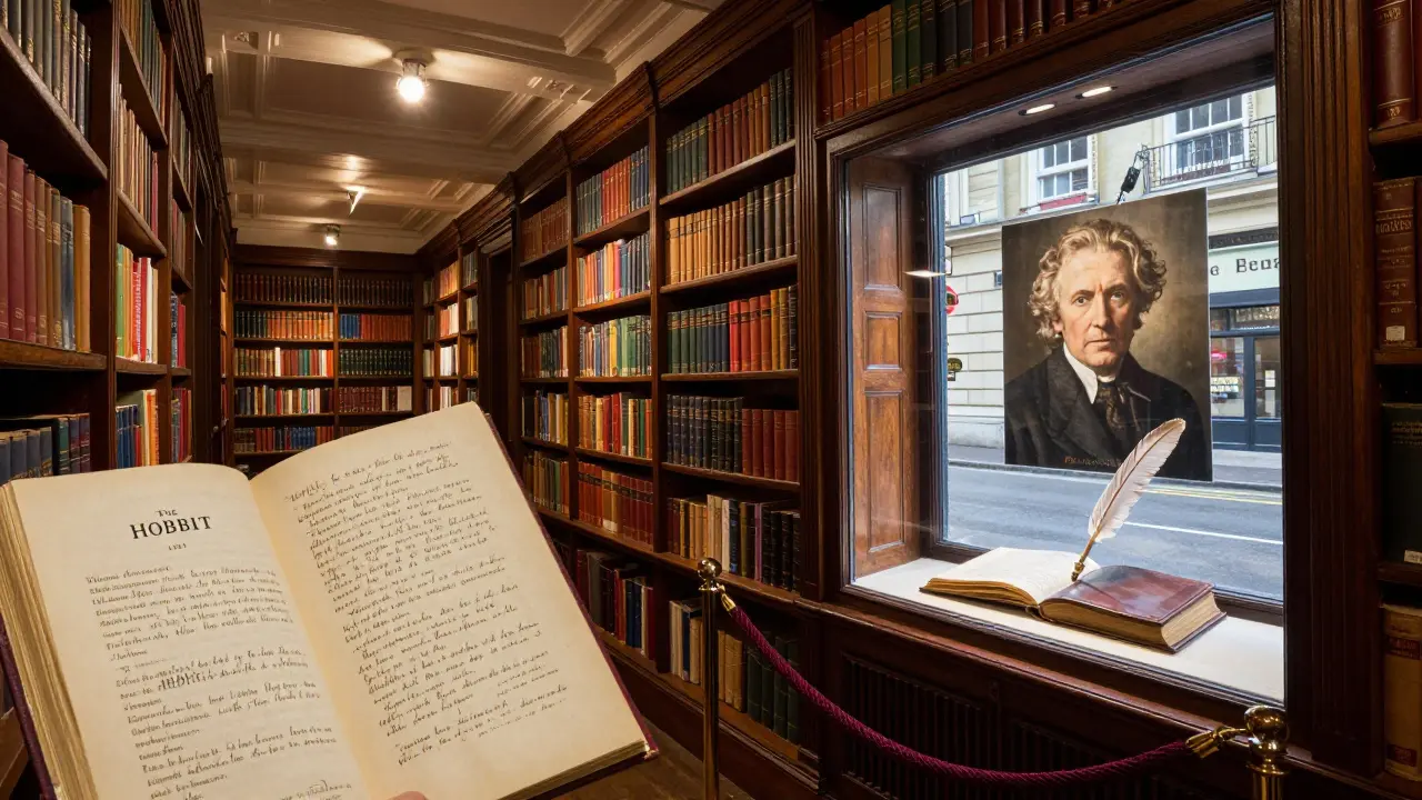 Hatchards bookshop displaying a rare first edition of The Hobbit with Tolkien's handwritten notes under focused lighting.