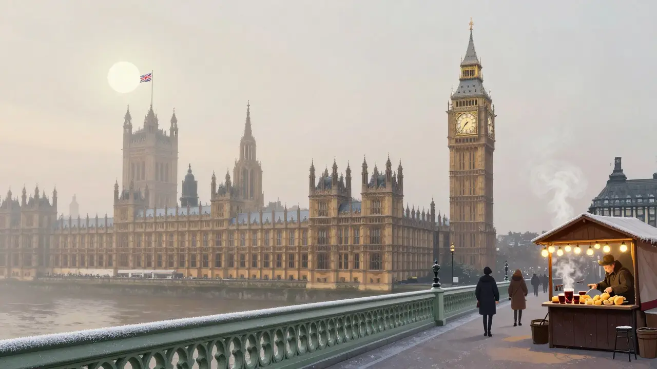 Houses of Parliament in winter fog with frosty railings and a nearby market stall emitting steam.